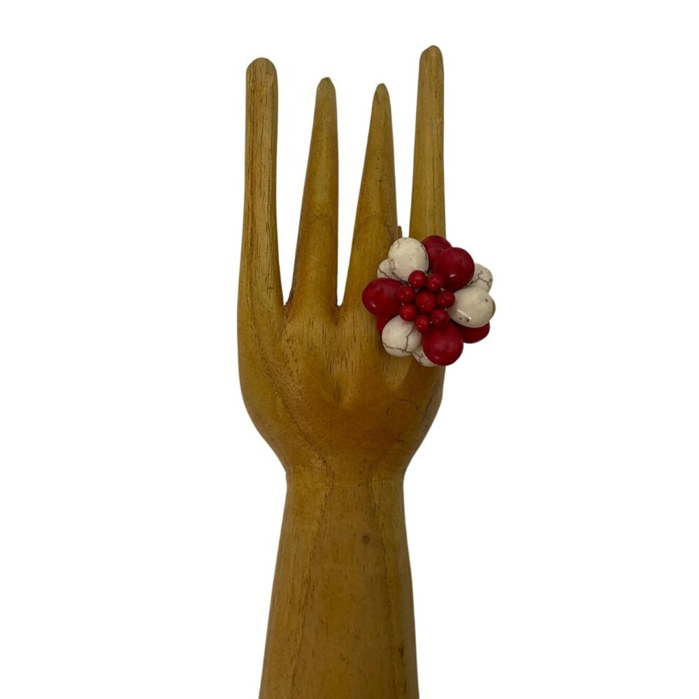 VTG Artisan Handmade Chunky Ring Red White Beaded Flower 3D Adjustable